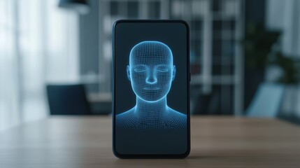 A smartphone displays a digital wireframe human head in blue, symbolizing AI, technology, and futuristic digital identity.
