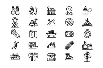Collection of camping and outdoor adventure icons, isolated on white background