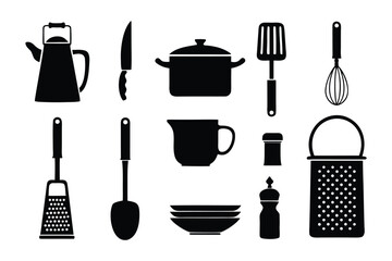 Culinary Essentials Silhouettes: A collection of essential kitchen tools and utensils, rendered in elegant silhouettes, offering a clean and visually appealing representation of culinary elements.