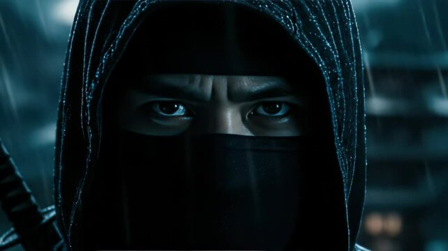 Intense close up portrait of mysterious ninja assassin with sword in dark rainy night city