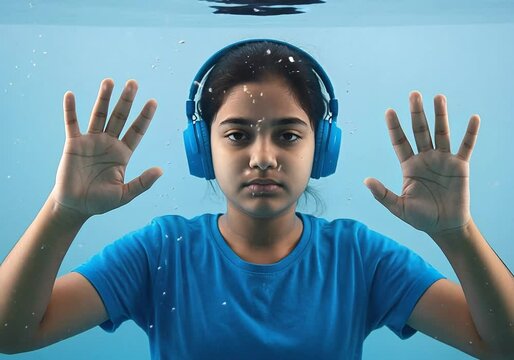Underwater Autistic Indian Child Girl with Headphones Video Footage Scene Showing Sensory Isolation and Limited Perception