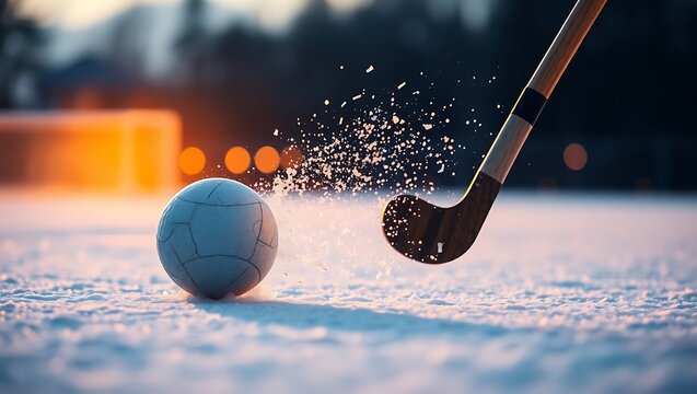 A field hockey stick striking a ball on a snowy field with a blurred background and bright orange lights - Powered by Adobe