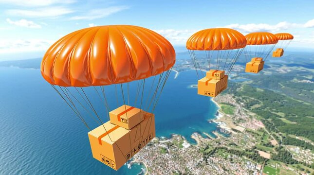 Parachute box delivery aerial flight over sky and ocean global shipping concept scene