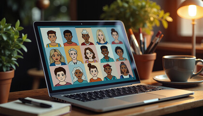Open laptop displaying virtual meeting with diverse participants
