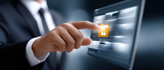A businessperson in a suit interacts with a digital touchscreen, selecting a glowing security lock icon to signify data protection or cybersecurity.