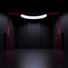 Futuristic building with Neon Red Lighting in Dark Sci-Fi Interior. 3D Illustration