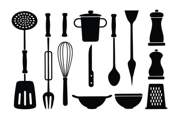 A collection of black silhouette kitchen utensils and cookware displayed against a clean white background showcasing essential cooking tools