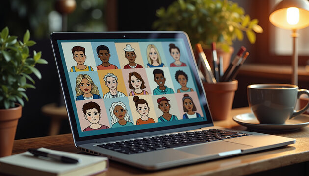 Open laptop displaying virtual meeting with diverse participants  
