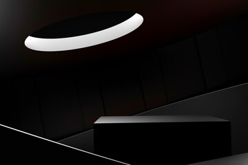 Futuristic building with Neon Red Lighting in Dark Sci-Fi Interior. 3D Illustration