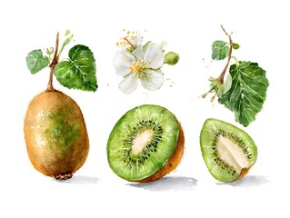 Fototapeta premium Ripe kiwi and kiwi slice, kiwi flowers branch and leaves, watercolor kiwi illustration, botanical illustration