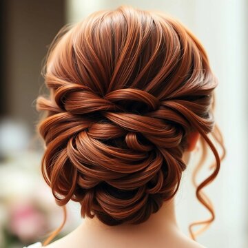 Detailreiche Hochsteckfrisur mit kunstvoll verschlungenen roten Haaren, fotografiert von hinten, perfekt f&uuml;r Hochzeit oder Gala.