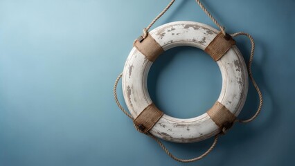 Vintage lifebuoy ring with rope on blue background