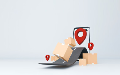 Online Delivery Concept with Cardboard Boxes and Map Navigation on Smartphone. 3D illustration