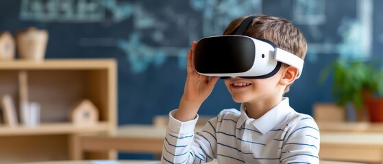 A young boy wearing a virtual reality headset, smiling and engaging with immersive technology in a bright indoor setting.