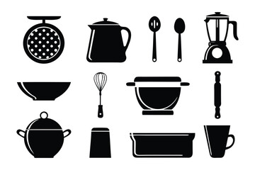 A collection of black silhouette icons representing various kitchen utensils and appliances on a white background