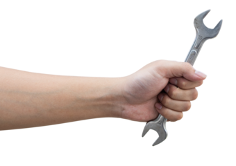 Hand holding metal wrench isolated on transparent background for maintenance, repair, mechanic, tool or labor day concept