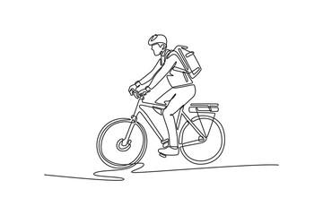 Naklejka premium Single continuous line drawing young businessman wearing helmet and backpack to start his bike trip from the office to his home. Commuting lifestyle. one line draw graphic design vector illustration