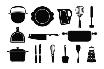A collection of black silhouette kitchen utensils including pots pans knives whisks and graters for cooking and baking preparation