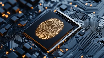 Digital fingerprint on microchip surface representing cybersecurity and biometric technology