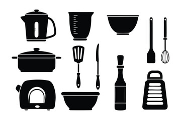 A collection of essential kitchen utensils and appliances presented as black silhouettes on a white background for easy recognition