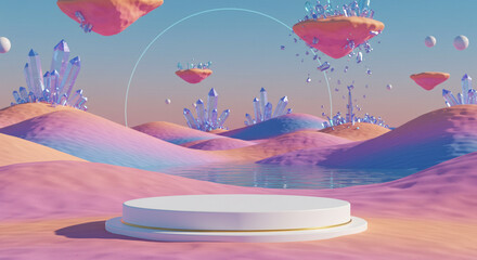 Futuristic fantasy, Fantasy world image. 3d render of surreal landscape with water and colorful sand. Podium, display on the background. Pastel Desert Oasis with Crystals and Product Display.