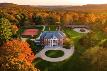Autumnal Estate Serene Aerial View of a Grand House Amidst Colorful Foliage