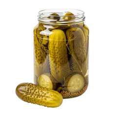 Jar of dill pickles with dill sprigs and mustard seeds isolated on transparent background