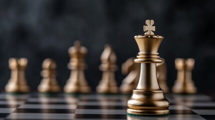 Elegant Golden Chess King Piece Amidst Blurred Chess Set on Dark Background