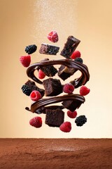 Delectable Brownie Bites Cascade with Berries A Sweet Treat in Mid-Air