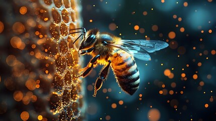 Bee pollinating a holographic genetic data hive