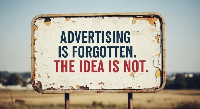 Naklejki Vintage sign with inspiring message about advertising and ideas in rural landscape