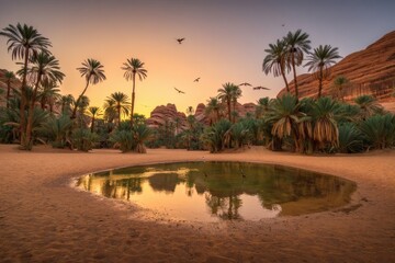 Tranquil Desert Oasis at Sunset A Serene Landscape of Palm Trees and Still Water