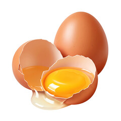 Two brown eggs one cracked open showing yolk and white isolated on transparent background