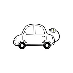 Fototapeta premium A green leaf adorns an electric car connected to a plug isolated on white background