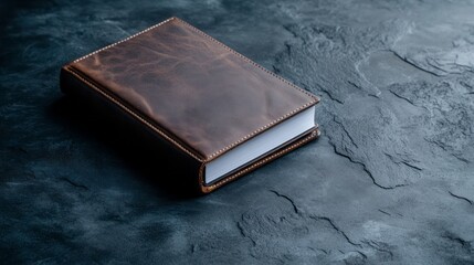 Elegant brown leather notebook on dark textured surface with subtle shadows and highlights