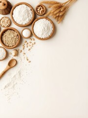 Culinary still life arrangement featuring flour, grains, and wheat stalks, presented in wooden bowls, perfect for baking and healthy eating concepts