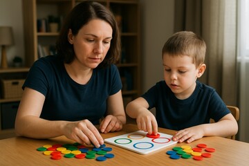 Obraz premium Child with Down syndrome playing educational game