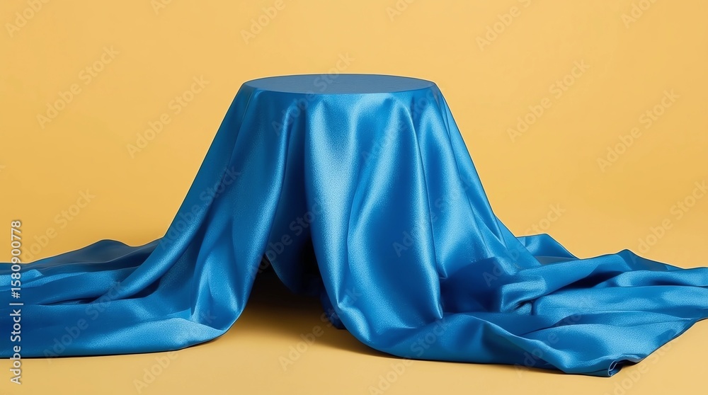 Poster Blue fabric on podium shelf or empty studio display on yellow gradient background with art style. Blank stand for showing product. 3D rendering