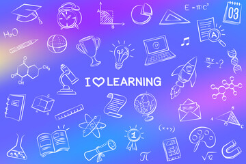 Education background, Vibrant digital art conveying passion for learning, educational doodles like books, pencils, technology. ideal for promoting online education, student resources.