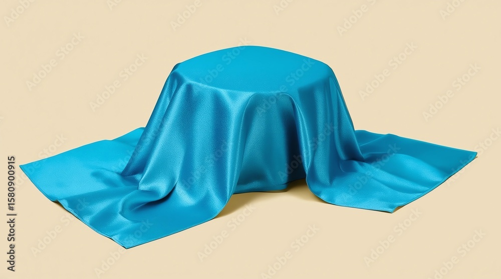 Poster Blue fabric on podium shelf or empty studio display on yellow gradient background with art style. Blank stand for showing product. 3D rendering