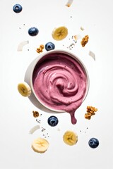 Vibrant Berry Smoothie Bowl with Banana and Blueberry Toppings on White Background
