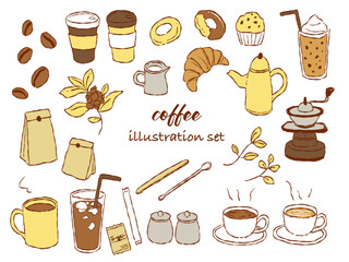手描きテイストなコーヒーやカフェのイラストセット(イエローカラー)