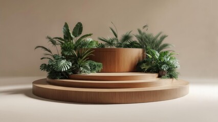 Wooden podium with lush green plants on circular stages