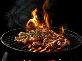 Delicious grilled pork belly slices with green onions and spices cooking on a fiery hot grill.