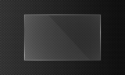 Glossy plastic glare frame. Flat glass plate, transparent banners, realistic screen glass, window mockup, clear glass showcase.