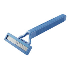 Blue disposable razor with multiple blades and ribbed handle isolated on transparent background