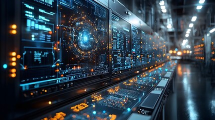 Futuristic industrial control room with holographic quantum data streams optimizing factory efficiency