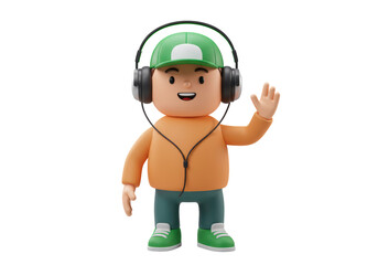 Isolated Cheerful Cartoon Boy with Headphones Waving Hand