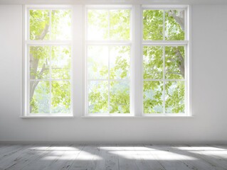 Bright White Room with Large Windows and Sunlight Streaming Through Green Trees