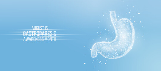 Gastroparesis awareness month concept. Banner template with glowing low poly stomach. Futuristic modern abstract. Isolated on blue background. Vector illustration.